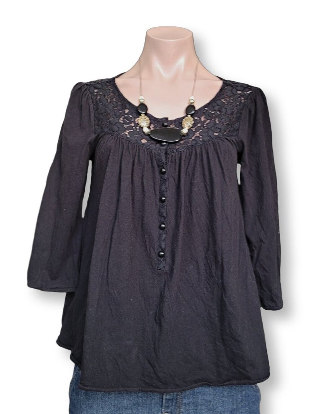 Vintage Black Lace Trim 3/4 Sleeve Henley Scoop Neck Boho Top (OS)